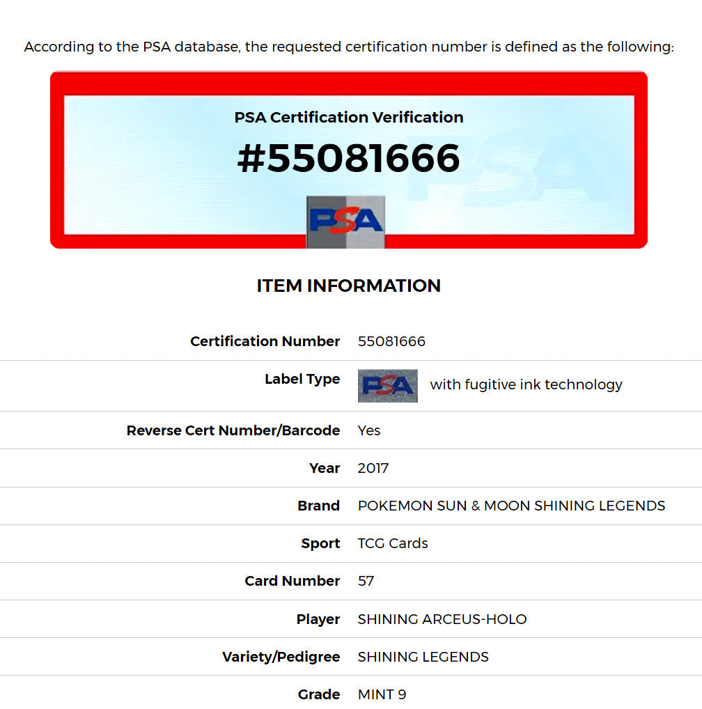PSA Certification: Shining Arceus 57/73 Pokémon Card: Divine Radiance Unleashed - 2017 Shining Legends - PSA 9