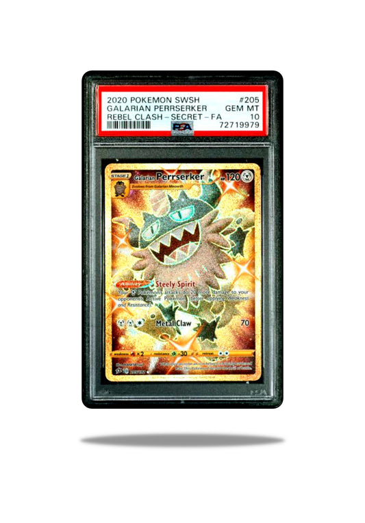 Front of the 2020 Gold FA Secret Rare SwSh Rebel Clash Galarian Perrserker 205/191 PSA 10 Pokemon Card