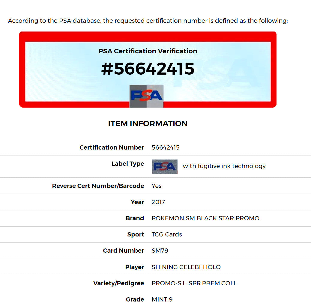 PSA COA: Shining Celebi SM79 Pokémon Card: Timeless Forest Guardian - 2017 Shining Legends - PSA 9